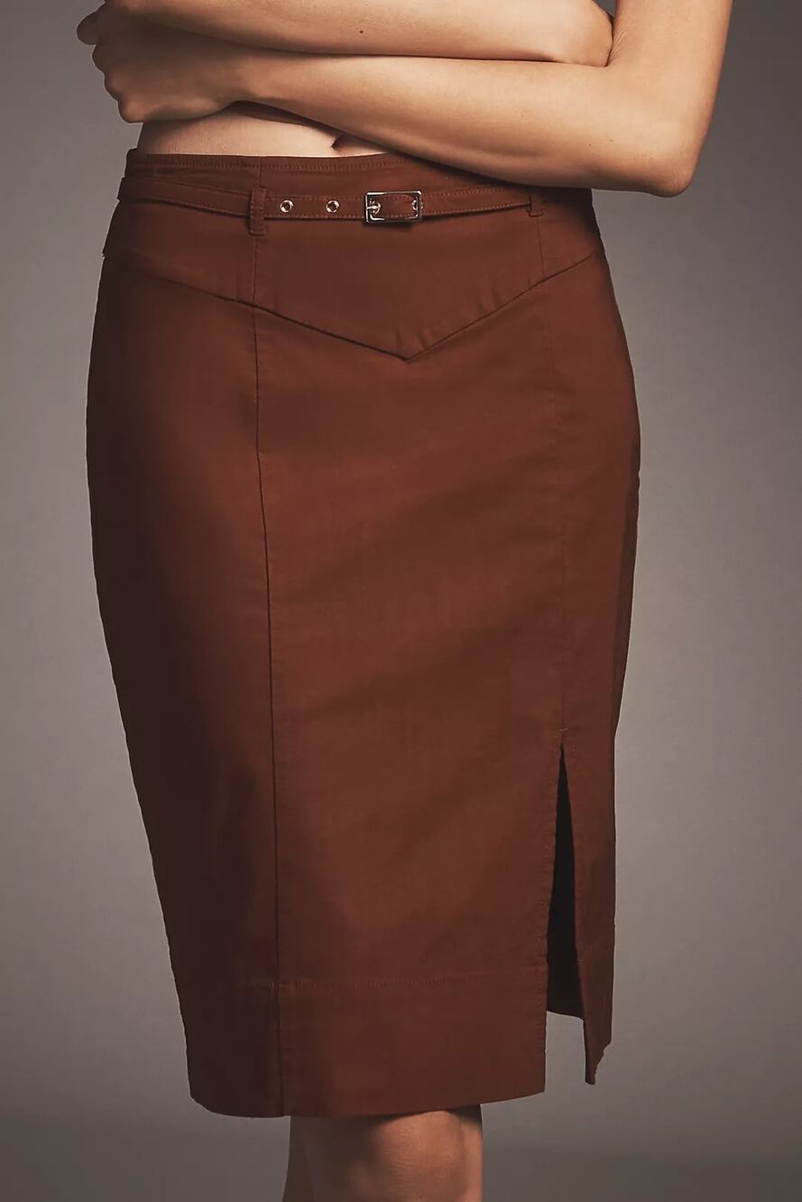 Anthropologie Belted Pencil Skirt Front Slit Chic in Rust Red Women’s Small